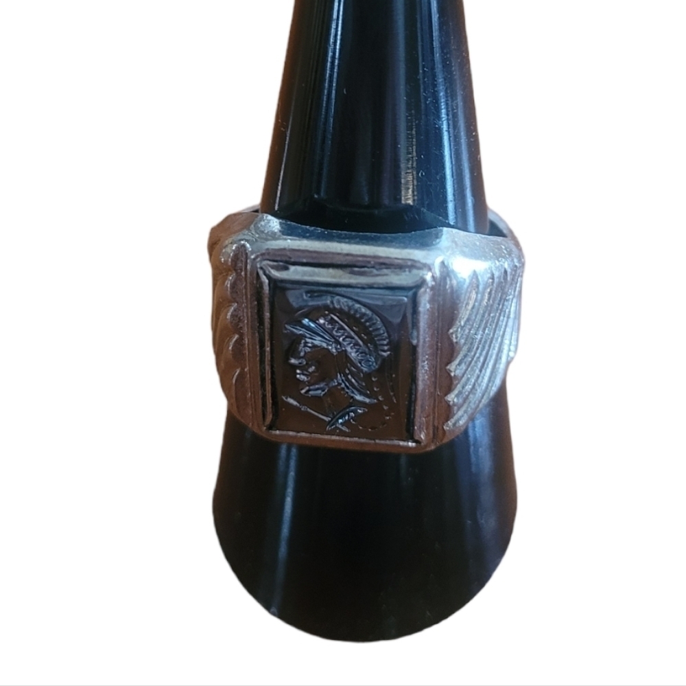 Vintage Carved Hematite Intaglio Trojan Centurion Warrior Ring Size 9